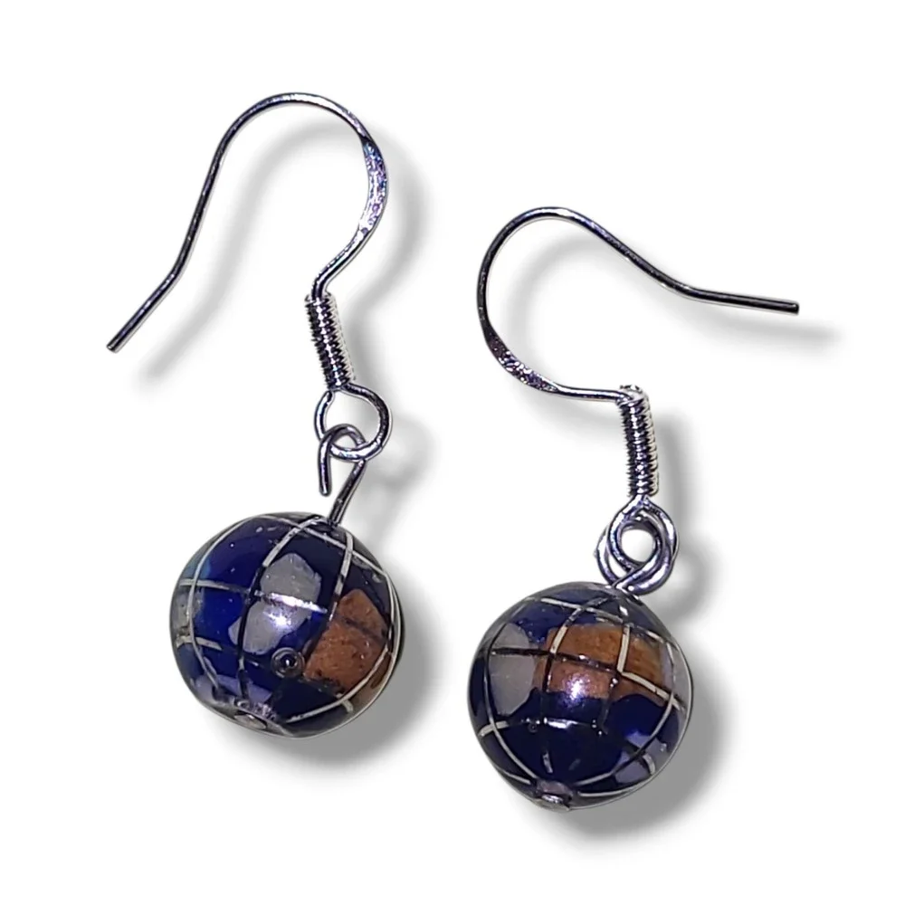 Sterling Silver Lapis Lazuli Inlay World Globe Dangle Earrings Planet Earth
